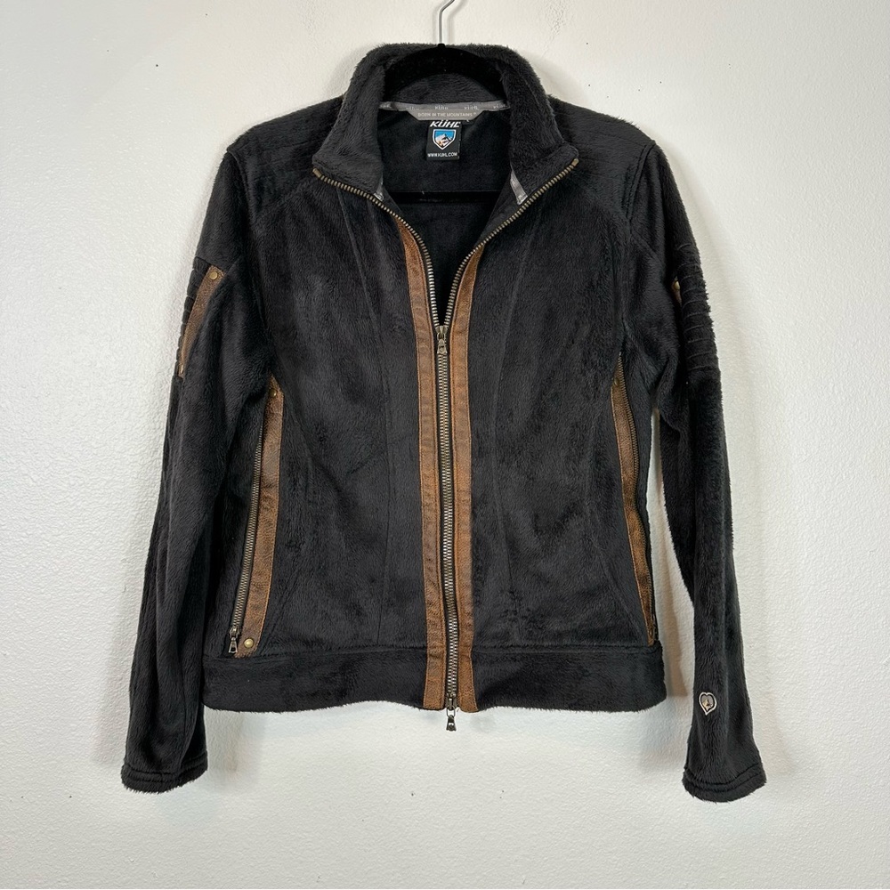 Kuhl Moto-Vation full zip jacket fleece faux leather trim neutral outdoorsy camp